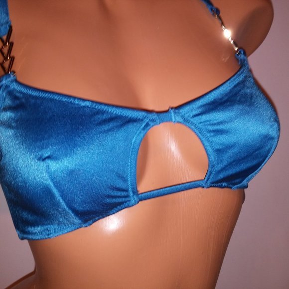 Victoria Secret Swim Bikini Top l Blue Solid Shimmer Cutout Gold Chain New - Picture 5 of 8
